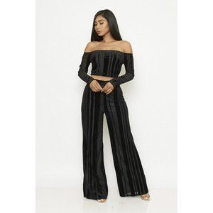 Black Off The Shoulder Cropped Top and Wide Leg Pants Set